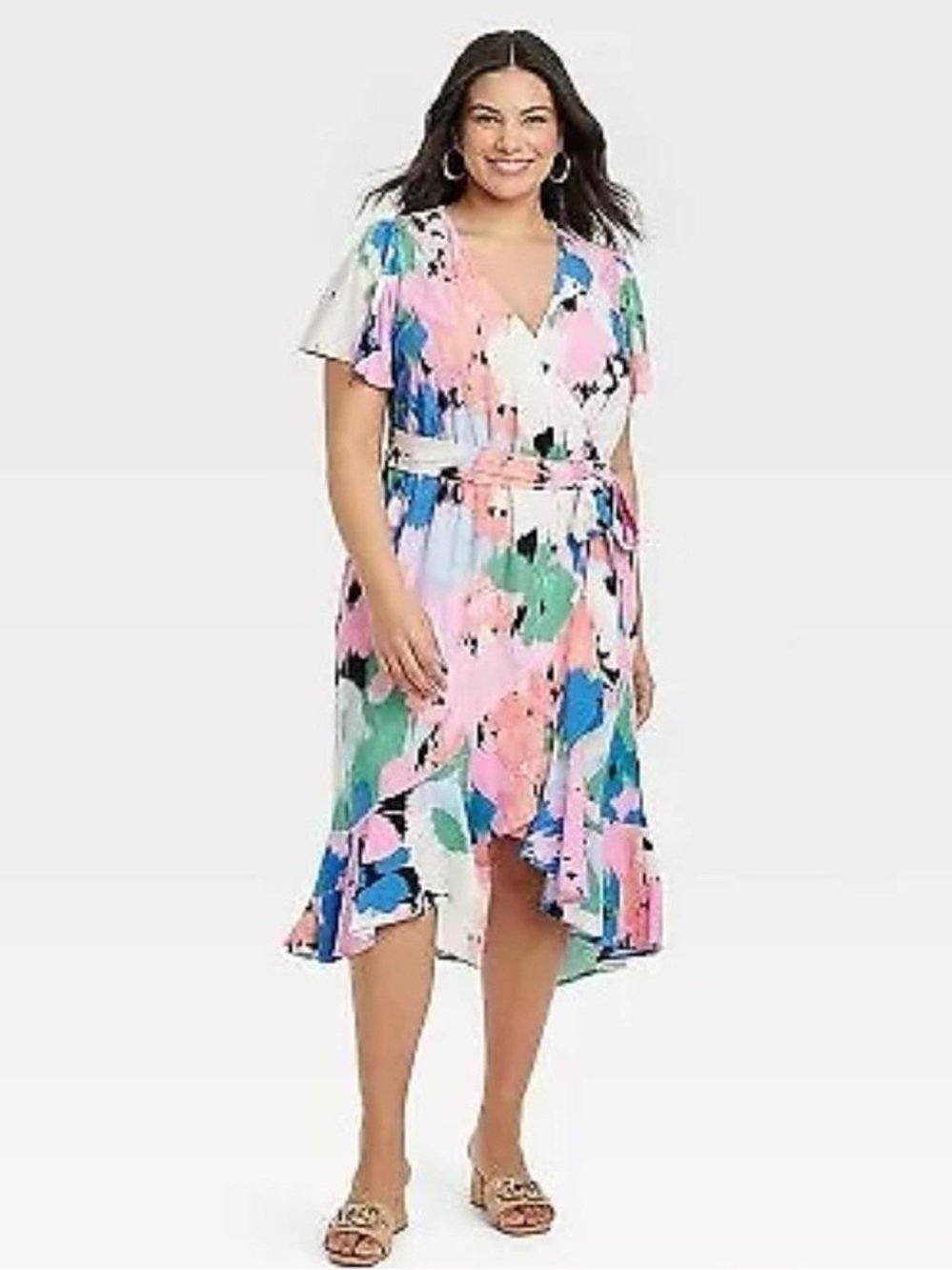 Ava & Viv Multicolor Abstract Wrap Midi Dress — Pink, Blue & Green